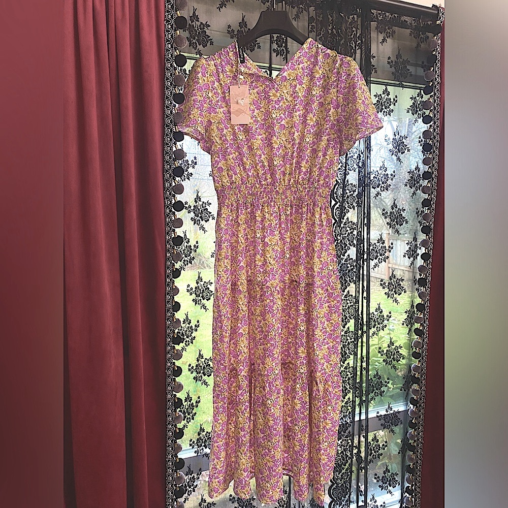 😍😍Coastal Boho Floral Ruffled Maxi Purple & Yellow Shortsleeved Chic Dress